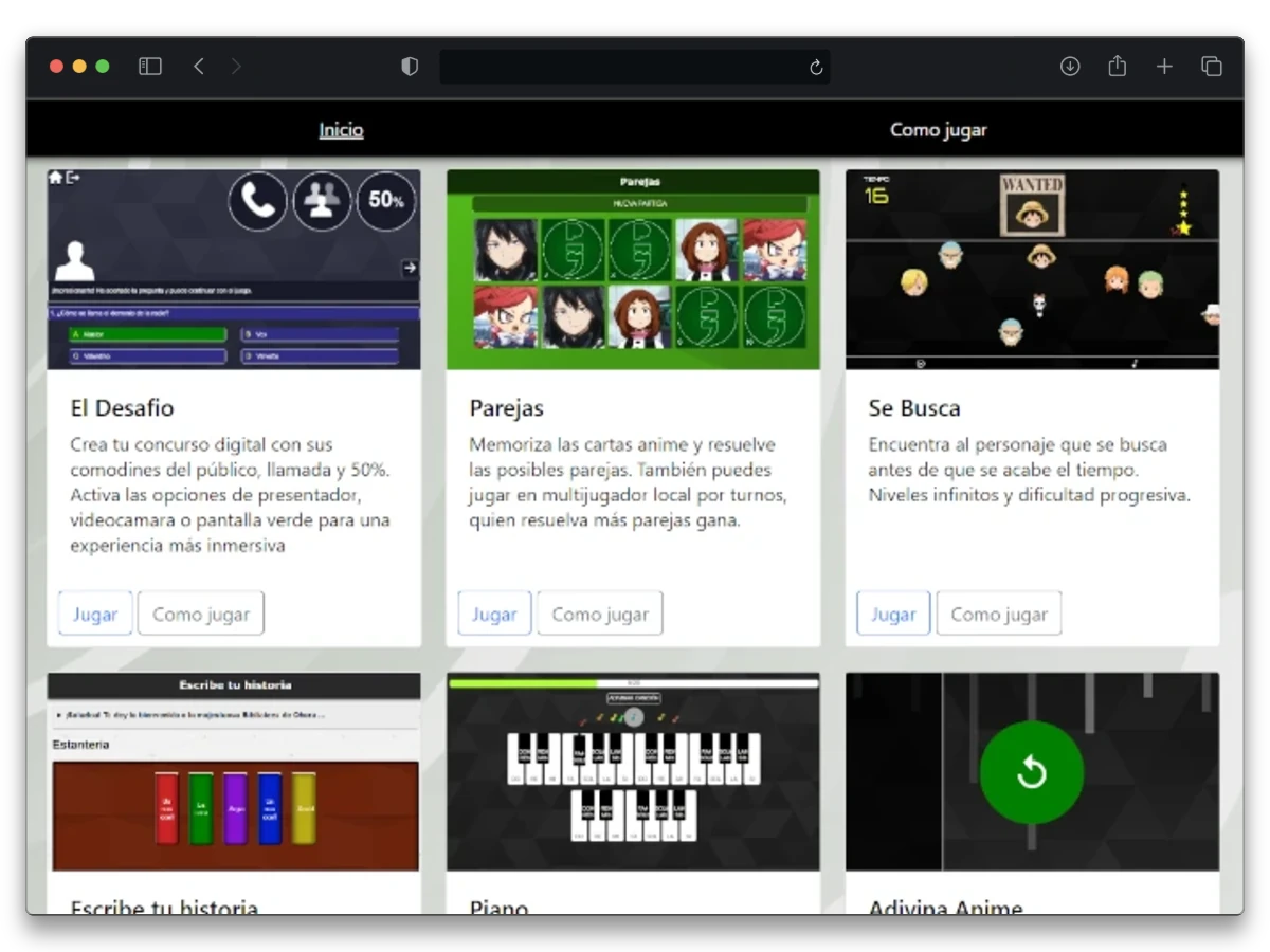 Minijuegos en Java como por ejemplo El Desafio, Parejas, Se Busca, Escribe tu historia, Pianoy Adivina Anime